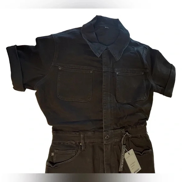 NWT Judy Blue Short Sleeve Straight Tummy Control Black Denim Jumpsuit